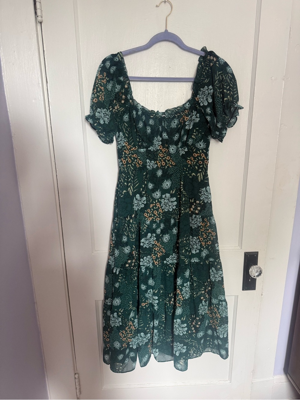Green Floral Midi Dress with Puff Sleeves and Tie Back